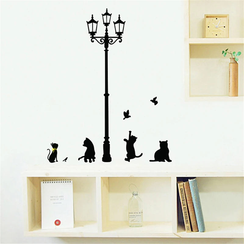 sticker mural noir silhouettes chats oiseaux lampe perron adhésif artisteintérieur decoration opacite creative animated