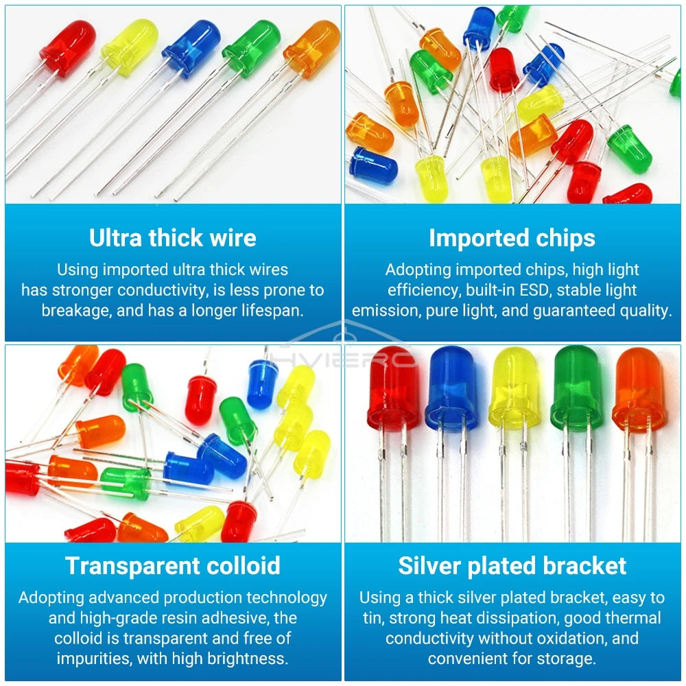 lot diodes led 5mm rondes transparentes blanc rouge jaune vert bleu kit bricolage