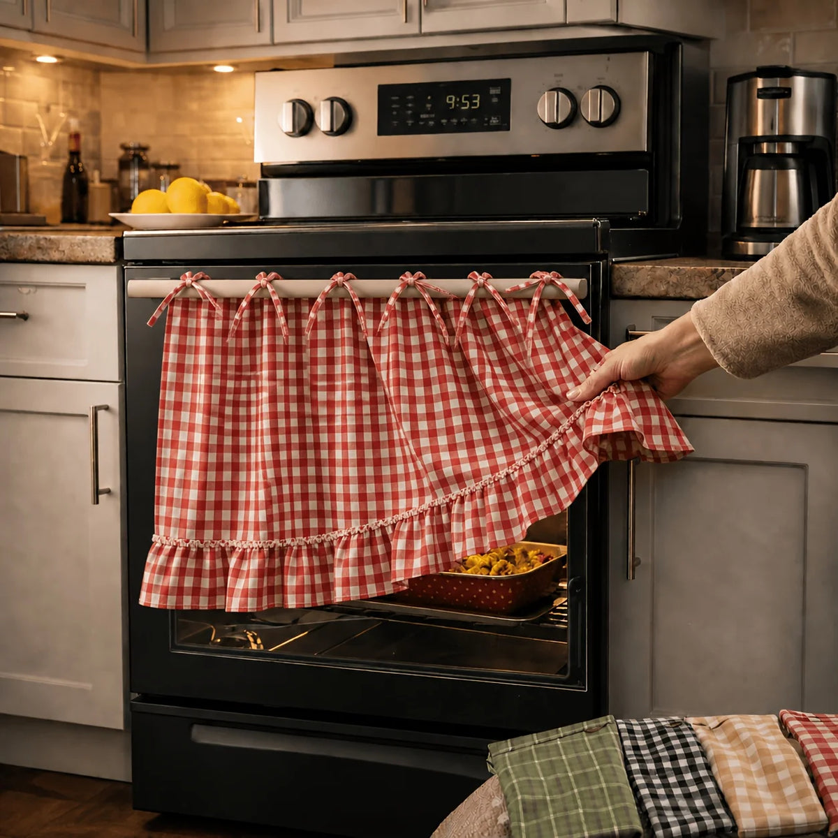 jupette oven vichy rouge blanc fermière rubans nouer écran intimité placard cache cuisinière