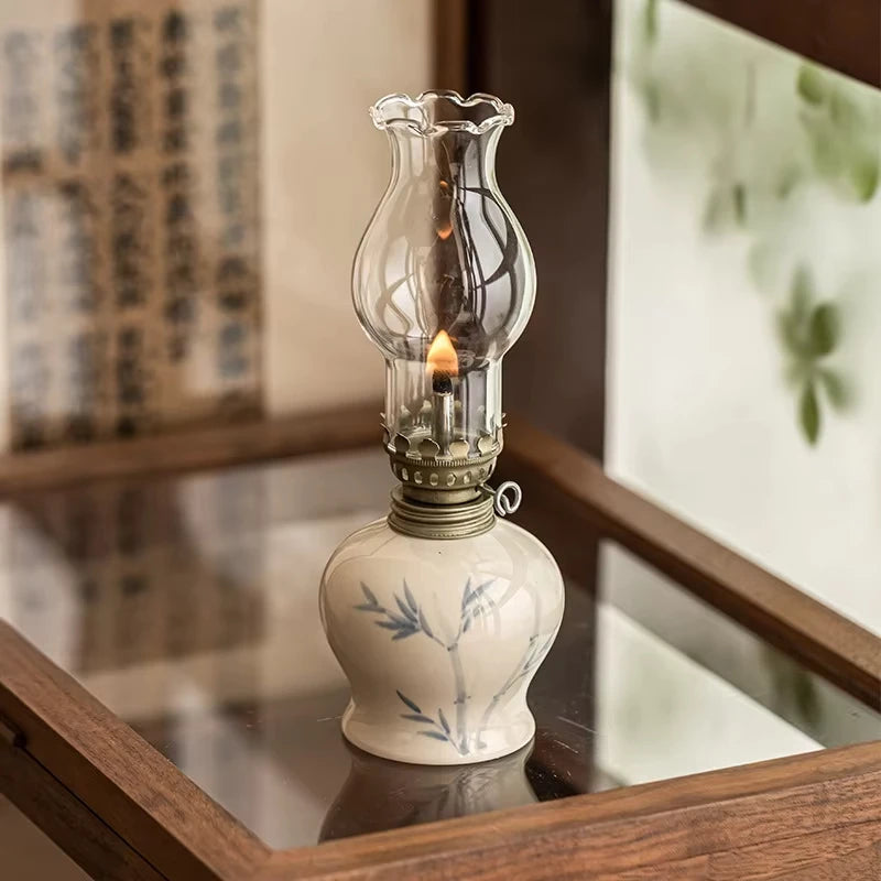 lampe huile vintage céramique transparente fleurs bambou blanc bleu doré artisanal