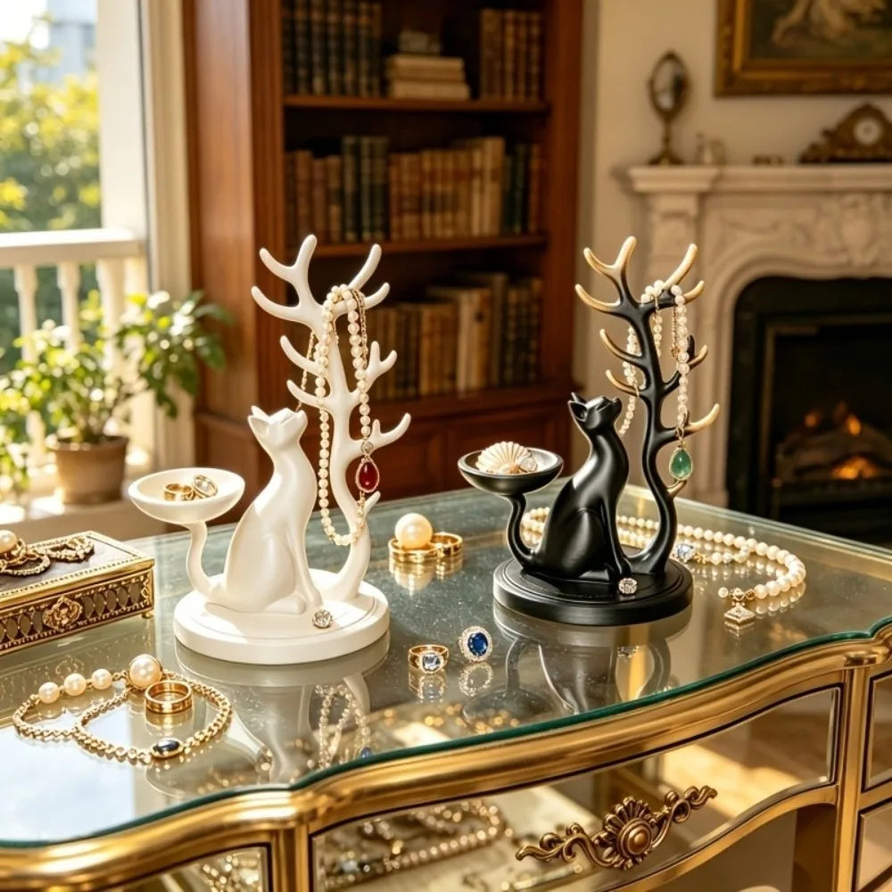 support bijoux forme chat antlers sculpture moderne blanc noirbranches stylisées anneaux boucles doreilles bracelets
