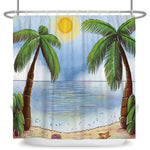 Rideau de douche illustrant un paysage tropical luxuriant avec des palmiers verts, un parapluie coloré ouvert en premier plan, sur fond de ciel bleu. Idéal pour apporter une touche exotique à votre salle de bain.