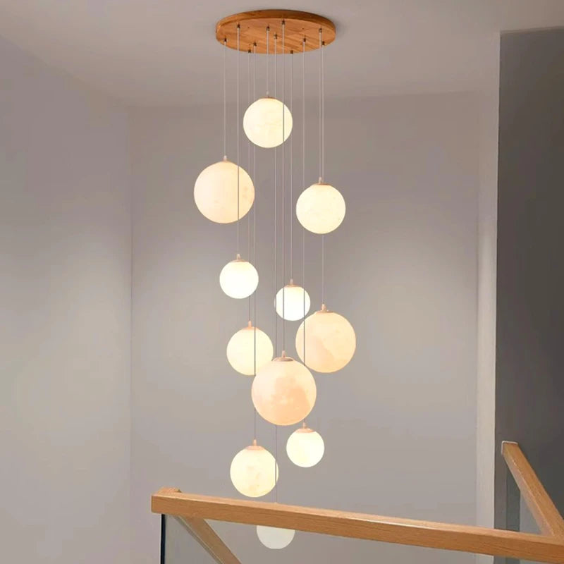 suspension lumineuse moderne plusieurs têtes éclairage led blanc bois clair diffuseur lumière minimaliste