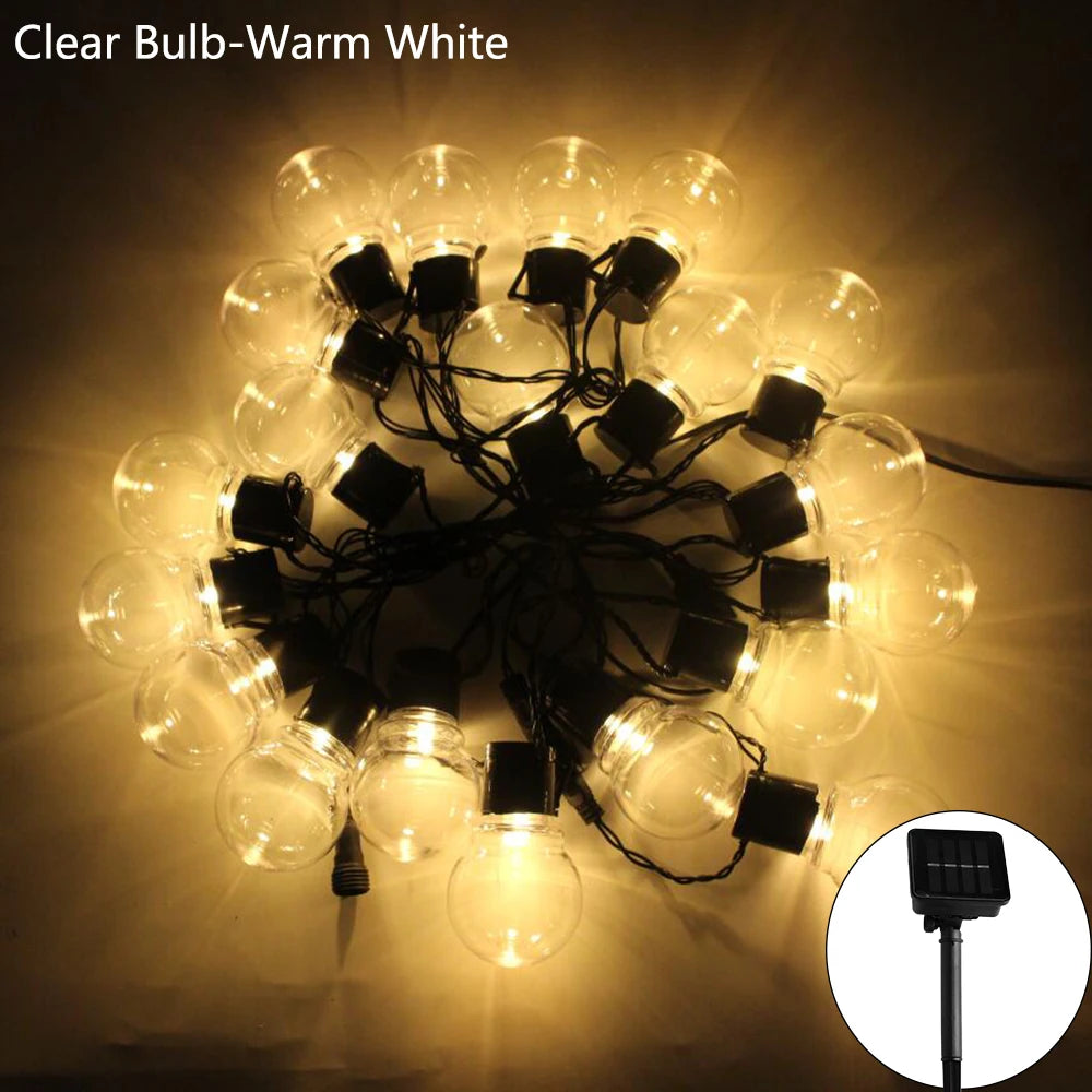 guirlande lumineuse solaire 12m 38 ampoules blanc transparent boules sphériques moderne spikesextérieur noël fêtes
