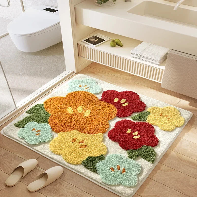 tapis bain microfibre carré motif fleurs moderne doux absorbant salle bain vert blanc