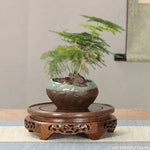 support pot fleurs bois gravures artisanal traditionnel marron foncé display stand decoration crafts shelf