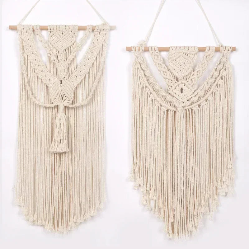 tapisserie macramé boho chic beige motifs géométriques franges moderne suspension maison