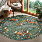 tapis rond moderne renards forêt feuilles fleurs bleu orange vert chambre enfant salon