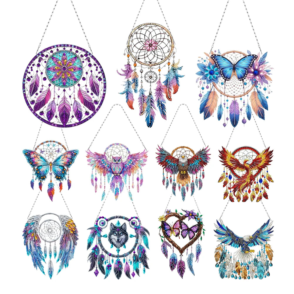 attrape rêves boho plumes fleurs violet bleu rose or pendaison décoration intérieure artisanal