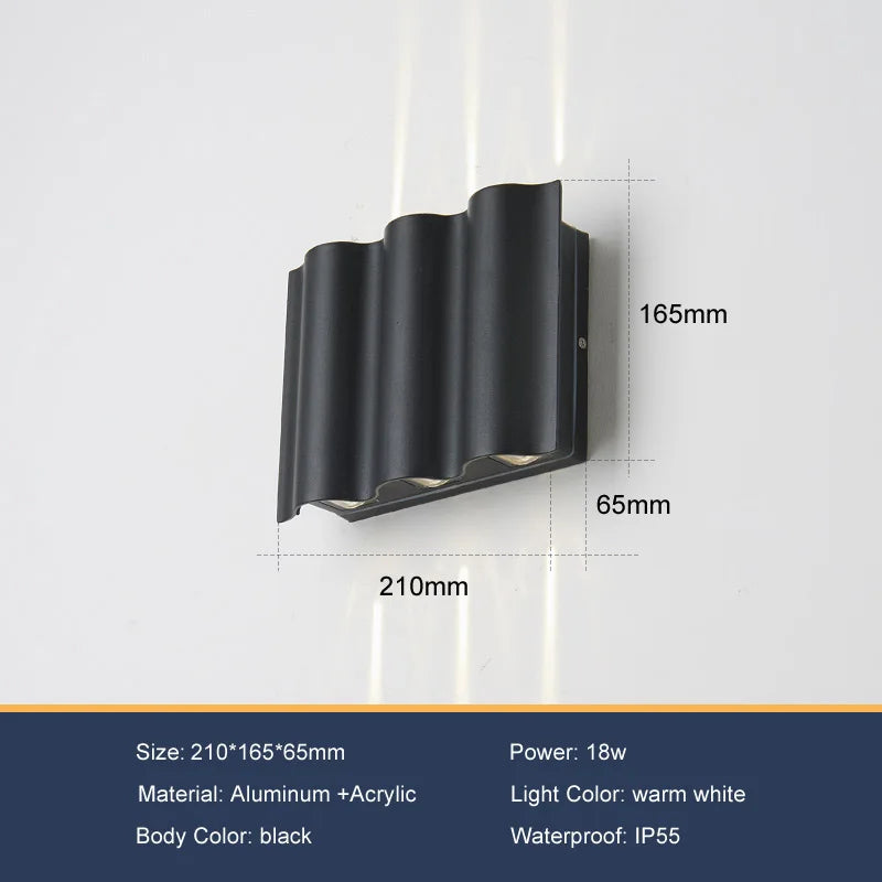 lampes murales extérieures noir ondulées ip55 6w 12w 18w moderne aluminium