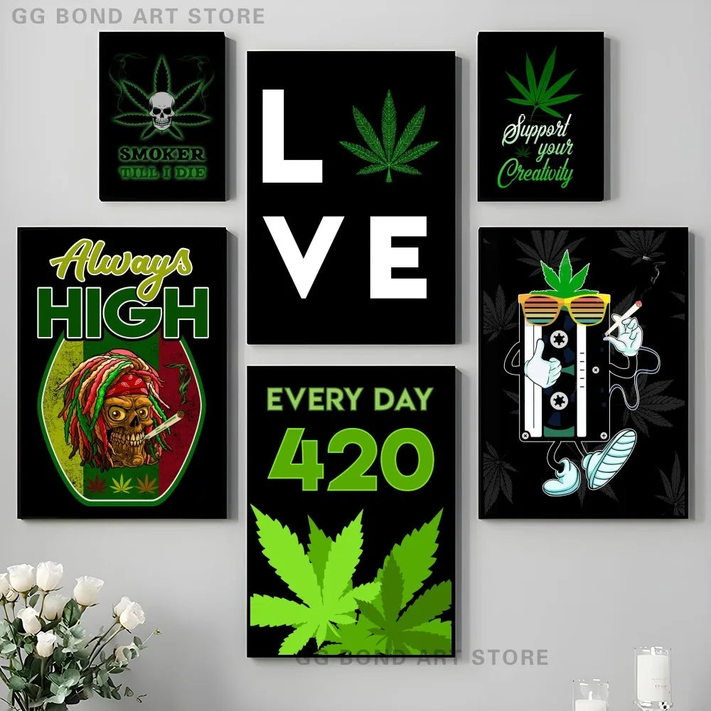 affiche graphique pop art crânes cannabis lettrage noir vert opaque sans cadre