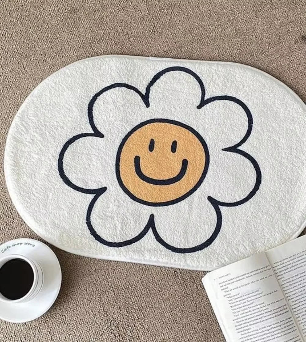 tapis moderne imperméable adhésif proteger resistant decolore sourire fleur chambre salon blanc beige orange