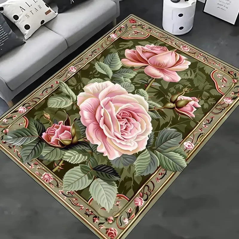 tapis floral rouge fleurs feuilles bordure ornée polypropylène polyester antidérapant extérieur intérieur chambre salon