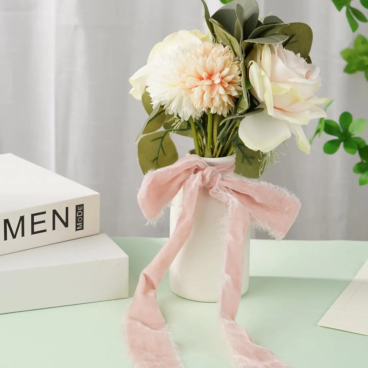 ruban velours polyester largeur 4cm beige blanc vert pastel marron foncé décoration mariage diyOpaque