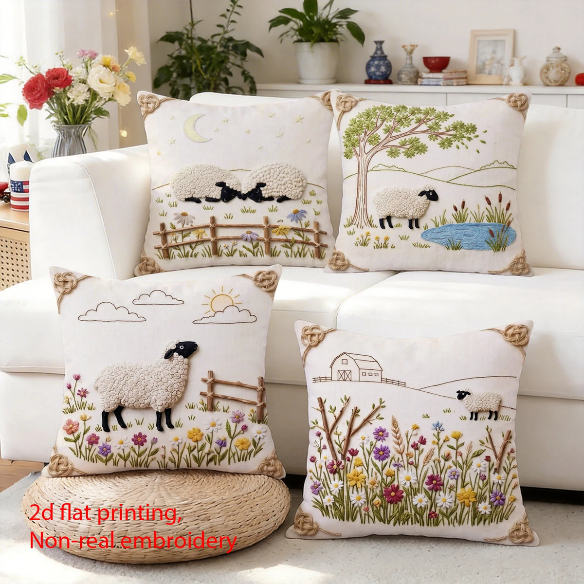 housse coussin mouton pastoral illustration fleurs arbres nuages zip 40x40cm 45x45cm 50x50cm 60x60cm polyester
