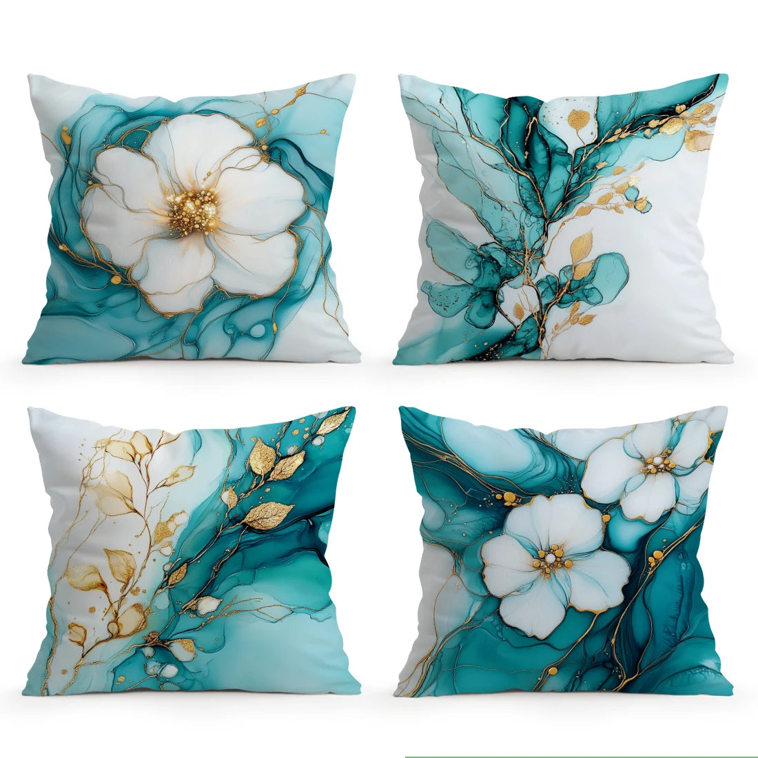 coussin moderne fleurs blanches dorées fond bleu zip invisible 40cm 45cm 50cm