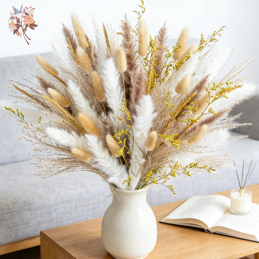 bouquet fleurs séchées naturel plumes pampa blanches vertes rustique décoration intérieure anniversaire fête maison