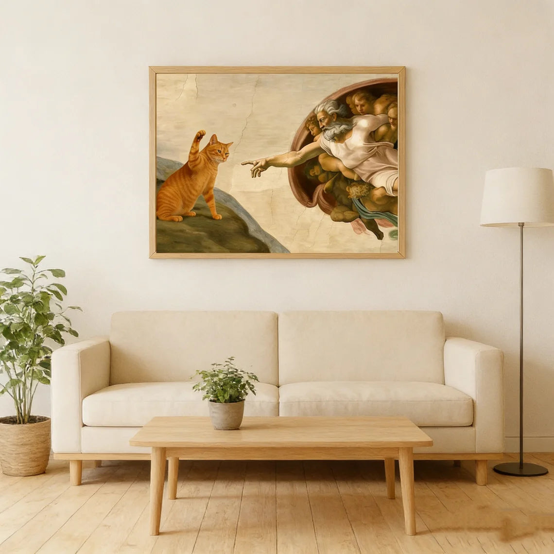 tableau religieux classique ange chat toile fond beige sans cadre vertical
