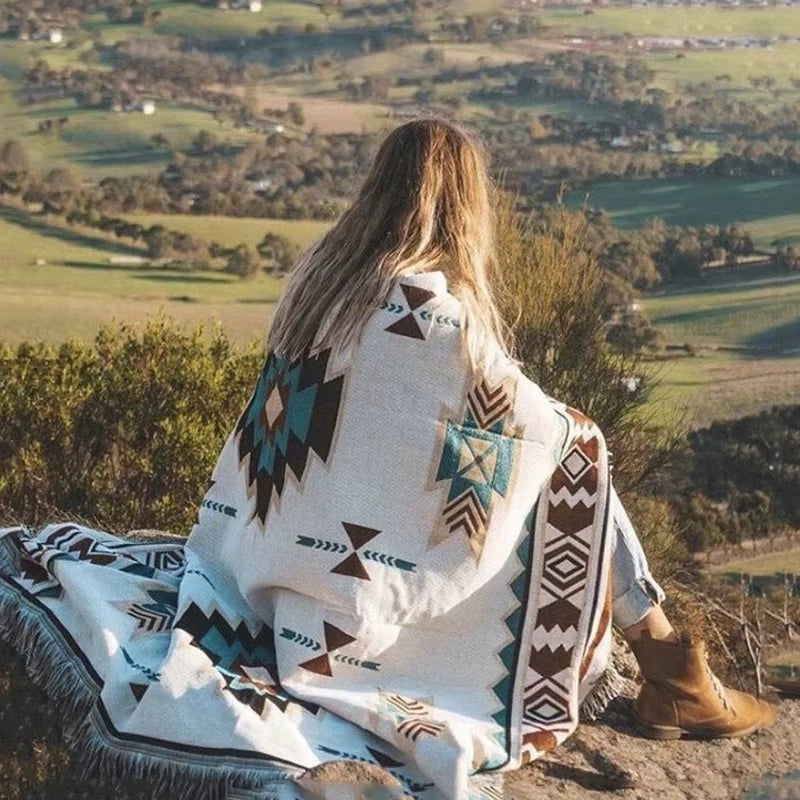 couverture boho ethnique motifs géométriques portable pique nique voyage blanc marron bleu noir