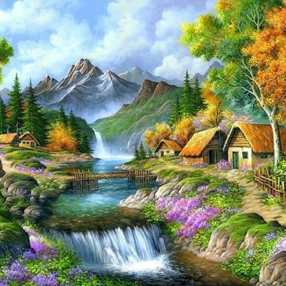 broderie paysage montagne coton multicolore cadre aiguille fil plan 30x30 40x40 50x50