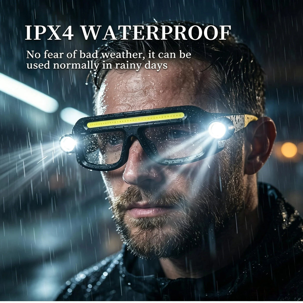 lunettes tête lampe led noir jaune rechargeable double éclairage modes pêche course camping randonnée