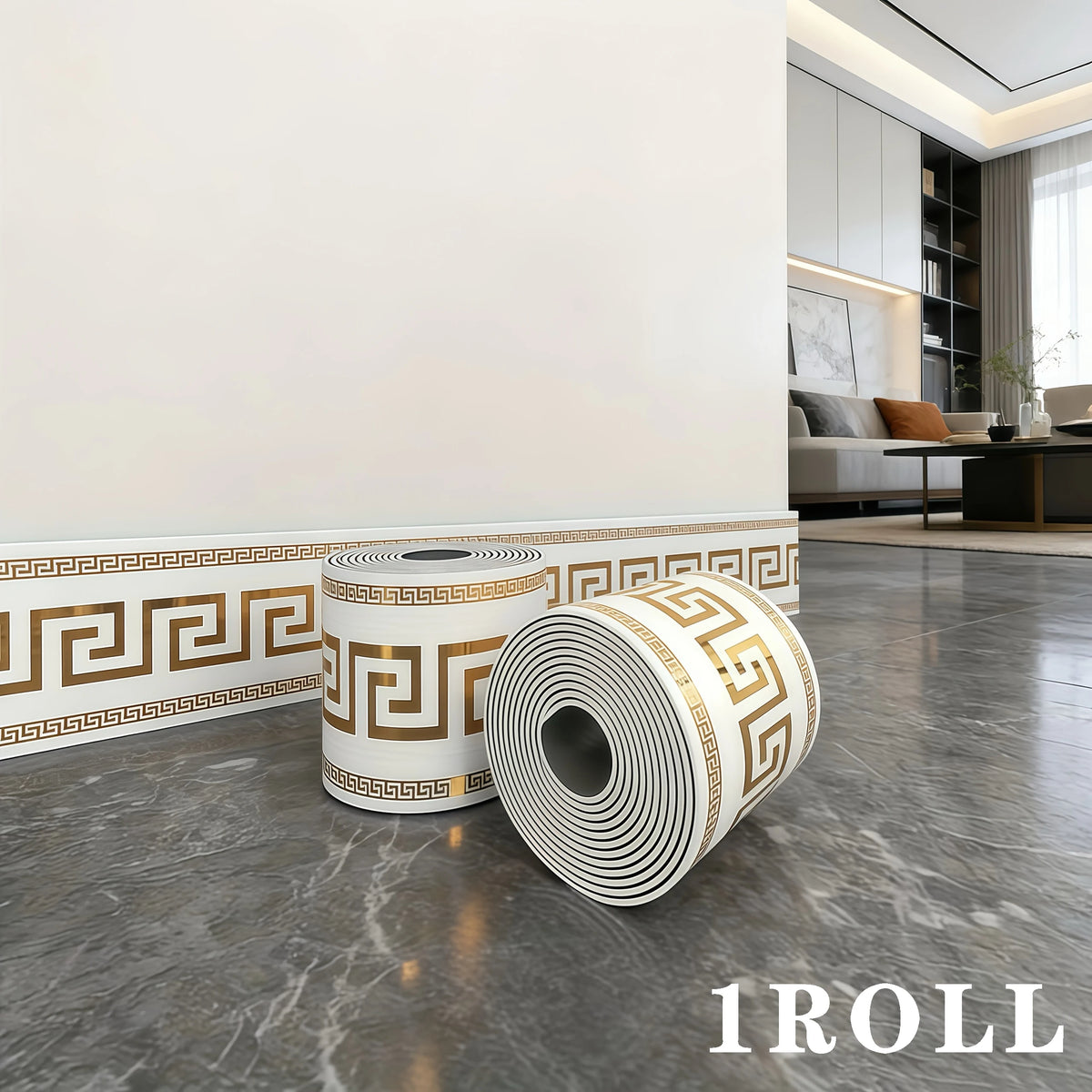 ruban decoratif autoadhesif moderne motif croix grecque blanc or 50cm large elastique decore intérieur