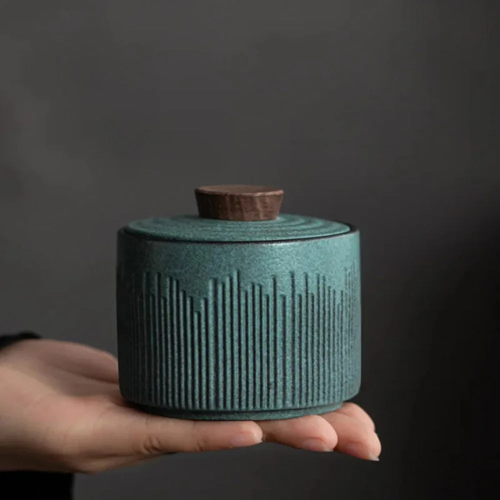 pot thé céramique vert rayures moderne couvercle bois rangement hermétique collations portable