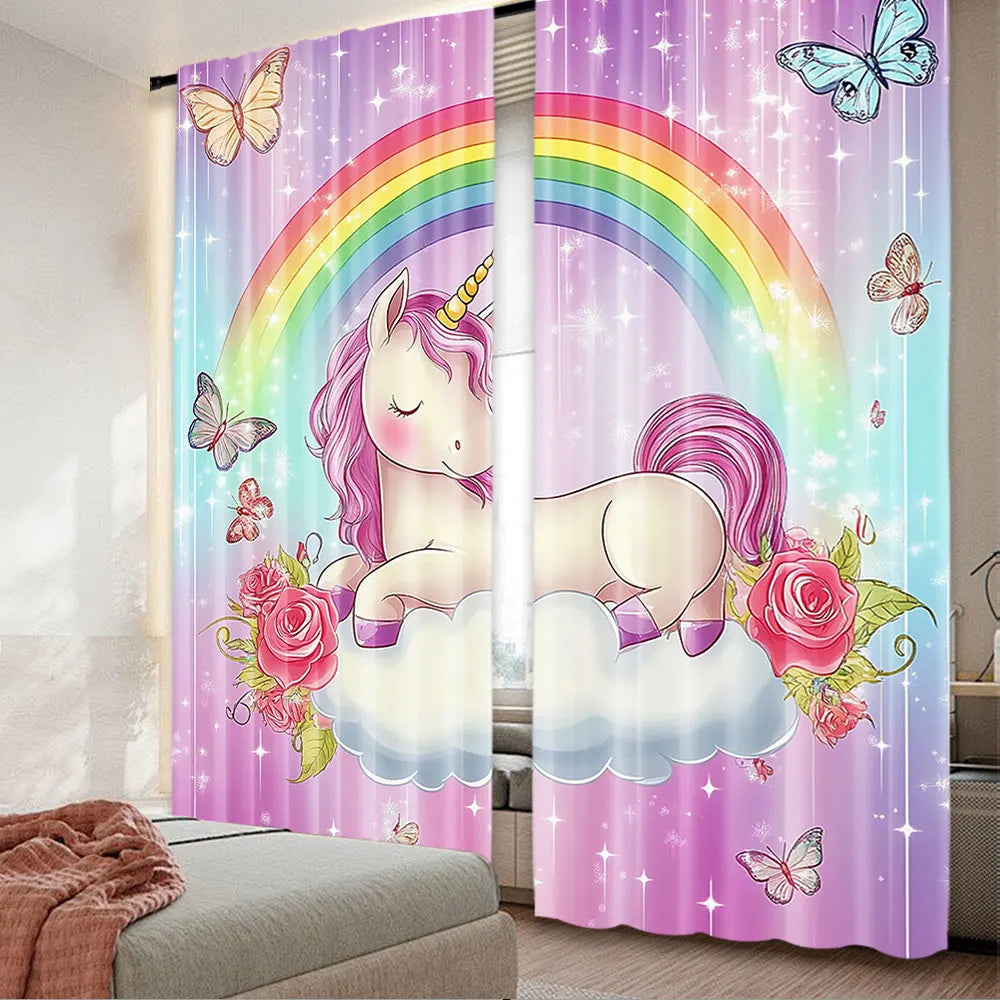rideau licorne arc ciel rose blanc bleu violet fantaisie enfantin polyester deux pièces