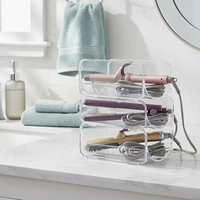 organisateur rangement accessoires coiffure transparent clips modernes fers lissers sèche cheveux cordonnets minimalistes