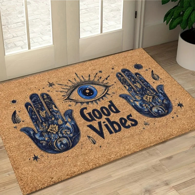 paillasson spiritualité motif mains fatima antidérapant intérieur extérieur beige bleu doré polyester