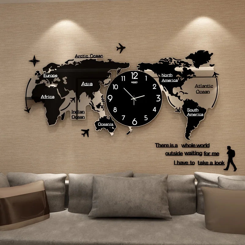 horloge murale moderne carte monde colorée aiguilles blanches textes noirs bleu noir transparent