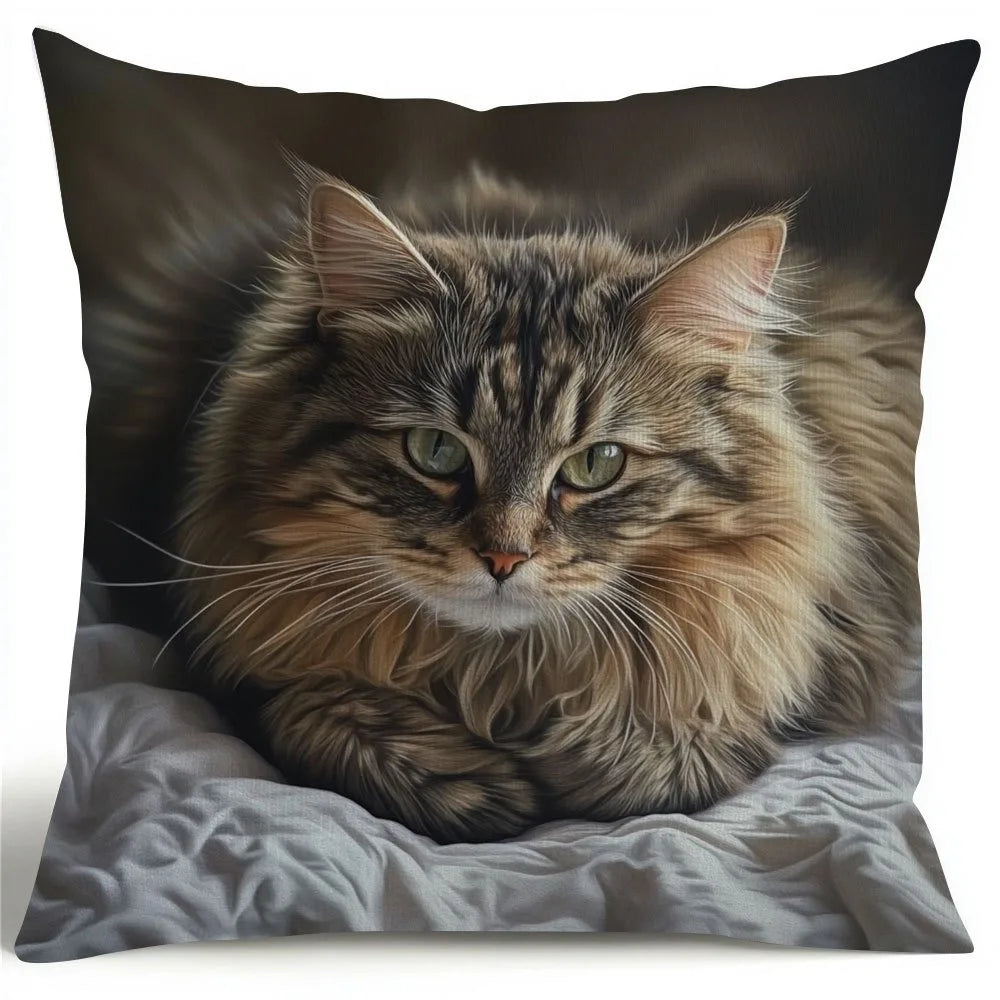 housse coussin imprimé chat maine coon gris moderne polyester 45x45cm invisible decoratif maison voiture