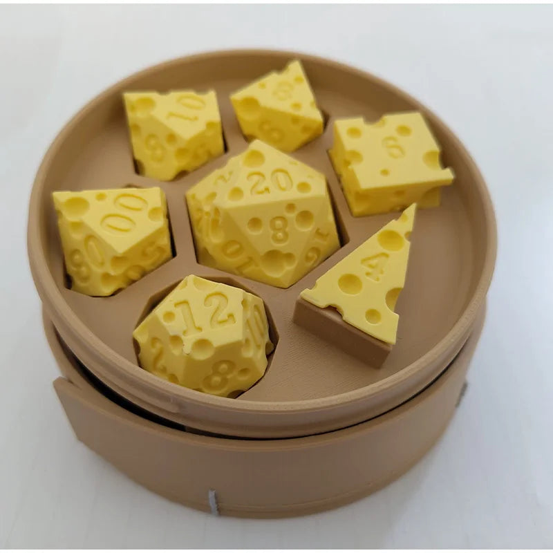 jeux dés forme fromage emmental d4 d6 d8 d10 d12 d20 box ludique original
