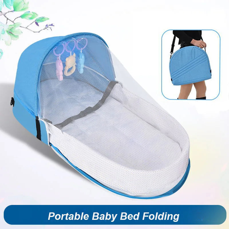 lit pliable bébé bleu clair coussin mousse filet anti moustiques porte clés jouets moderne