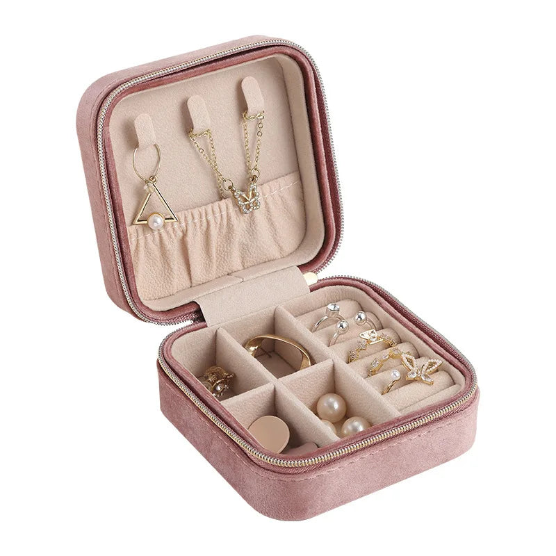 boîte bijoux velours fermeture éclair ranger colliers bagues boucles d'oreilles