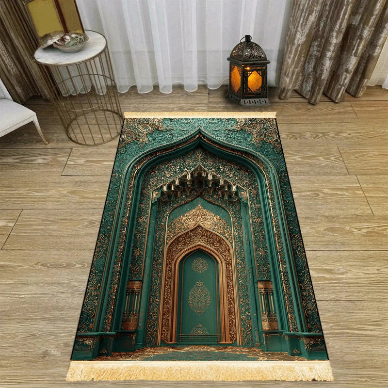 tapis prière vert or arches géométriques résistant décoloration antidérapant traditionnel usage extérieurintérieur