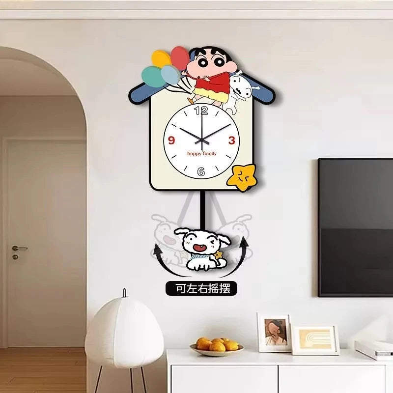 horloge murale crayon shin chan dessins animés moderne happy family personnages animaux motifs floraux
