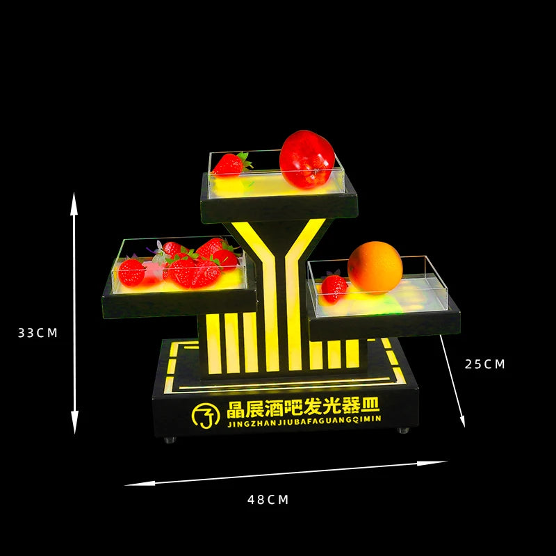 support fruits moderne plateau lumineux noir rouge rayures transparents leds rechargeables