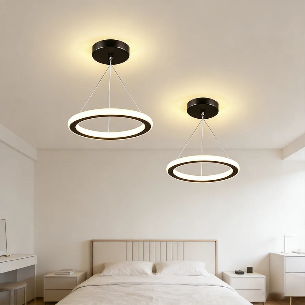 suspension lumineuse moderne anneau noir blanc led 15w variable cuisine salon chambre entrée