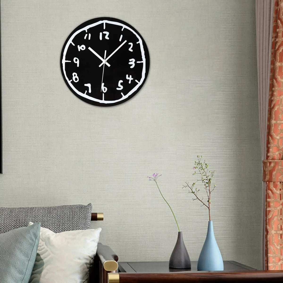 horloge murale moderne noire blanche dessin trait minimaliste chambre salon decoration art muet