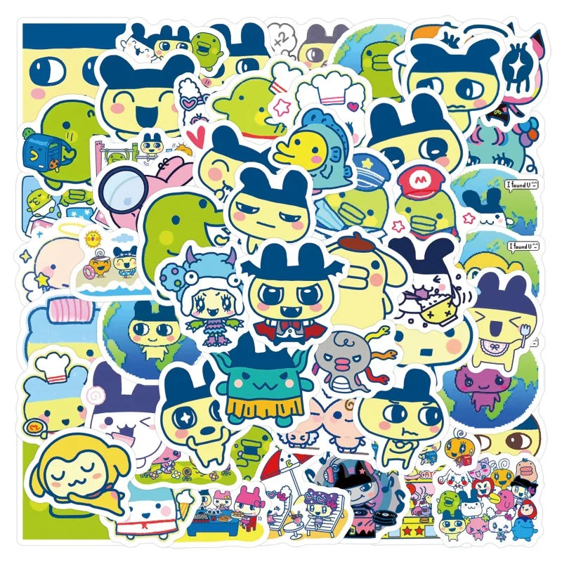 sticker dessin animé personnages animés couleurs vives bleu vert jaune rose noir blanc