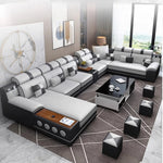 canapé d'angle moderne tissu composite bleu blanc gris noir motifs géométriques bluetooth