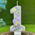 bougies numérales pailletées fleurs reliefs adhésives anniversaire enfant violet blanc vert bleu doré