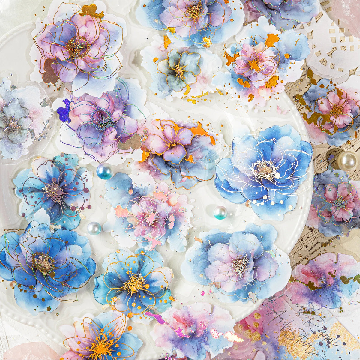 sticker floral abstrait adhésif bleu violet rose vert doré fleur étoile lune papillon