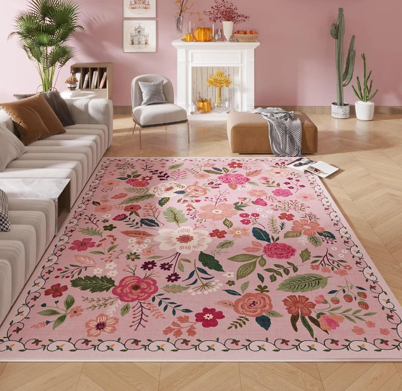 tapis moderne floral noir rose orange salon chambre antidérapant lavable polyester geometrique