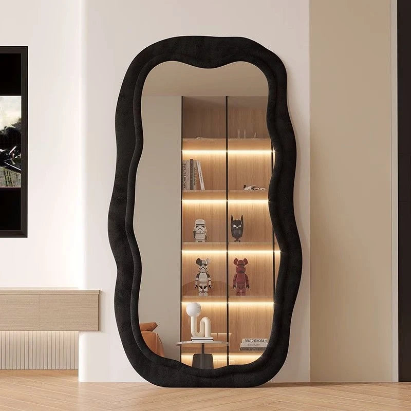 grand miroir vertical moderne cadre bois tissu velours salon chambre