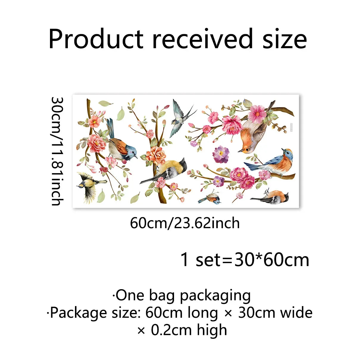 sticker mural oiseaux branches fleurs colorées bleu gris jaune rose vert adhésif pvc artistique