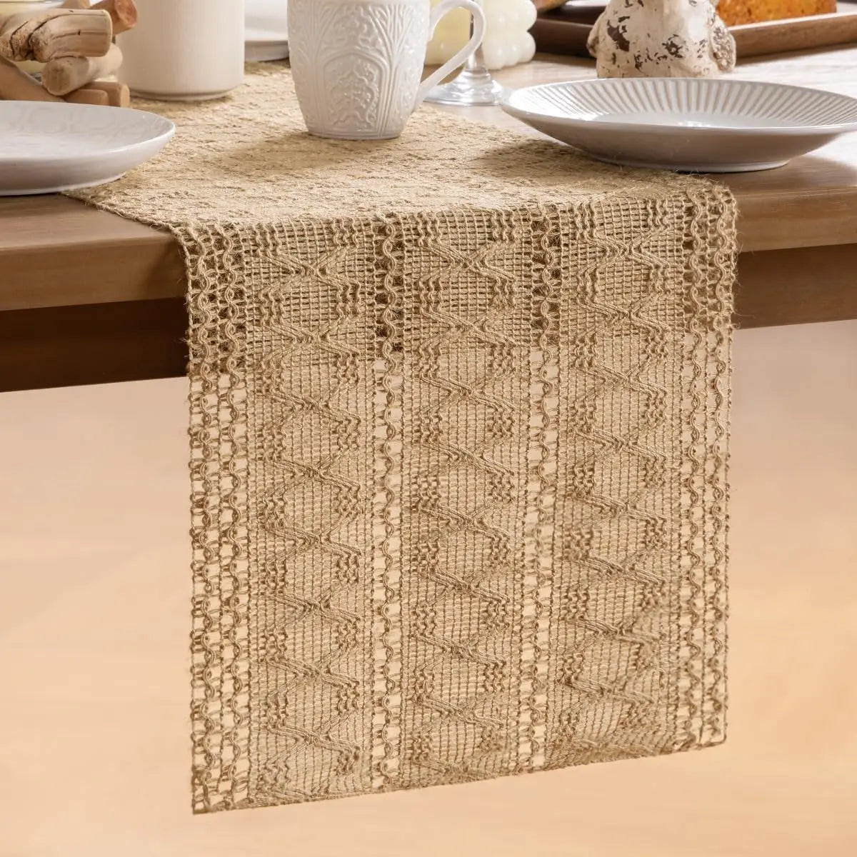 chambre coucher salon chemin table jute tissu rustique géométrique beige clair grande table