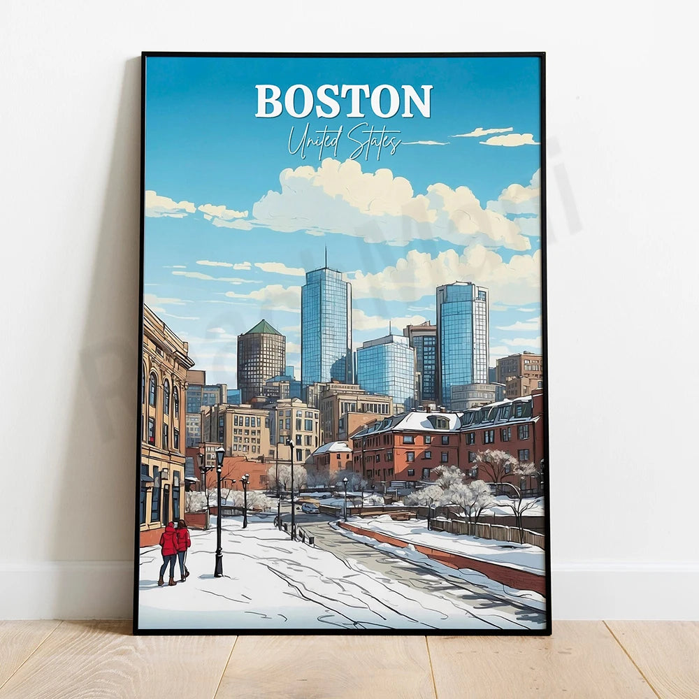 L'affiche présente un paysage urbain de Boston avec des gratte-ciel, des bâtiments historiques et des piétons marchant sur un trottoir enneigé, sous un ciel nuageux.