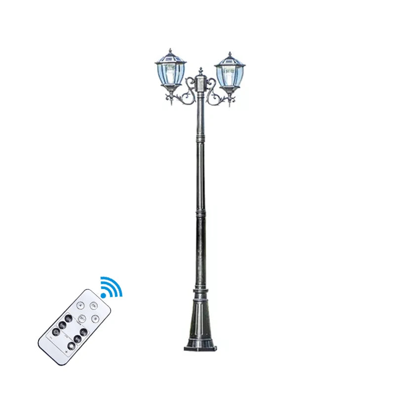 lampadaire solaire led noir doré ornements métalliques verre translucide classique vintageextérieur
